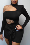 Black Sexy Solid Bandage Hollowed Out Patchwork Asymmetrical O Neck Pencil Skirt Dresses