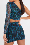 Blue Fashion Sexy Print Patchwork One Shoulder Long Sleeve Two Pieces