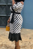 White Fashion Street Polka Dot Patchwork V Neck One Step Skirt Dresses