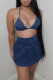 Blue Sexy Casual Solid Bandage Backless Halter Sleeveless Two Pieces