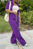 Purple Casual Solid Patchwork Zipper Collar Half Sleeve Two Pieces