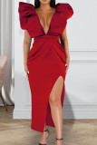 Red Fashion Elegant Solid Slit V Neck Dresses