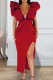 Red Fashion Elegant Solid Slit V Neck Dresses