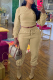 Khaki Fashion Casual Solid Basic O Neck Long Sleeve Two Pieces