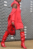 Red Fashion Casual Solid Zipper Hooded Collar Long Sleeve Dresses
