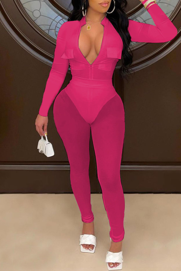 Rose Red Fashion Sexy Solid Patchwork See-through Zipper Collar Long Sleeve Two Pieces