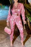 Multicolor Fashion Casual Print Basic Turndown Collar Long Sleeve Two Pieces