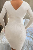 White Casual Solid Patchwork V Neck Pencil Skirt Dresses