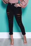 Black Fashion Street Solid Ripped Plus Size Jeans