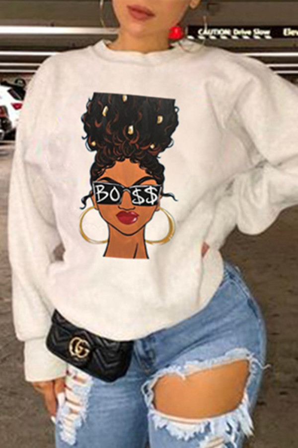 White Fashion Casual Print Basic O Neck Tops