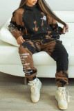 Black Brown Fashion Casual Letter Print Tie-dye Hooded Collar Long Sleeve Two Pieces