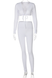 Apricot Sexy Solid Patchwork V Neck Long Sleeve Two Pieces
