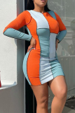 Blue Sexy Solid Patchwork O Neck Pencil Skirt Dresses