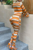 Green Street Striped Print Patchwork O Neck Long Sleeve Two Pieces