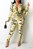 Yellow Sexy Print Patchwork Turndown Collar Long Sleeve Two Pieces