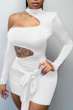 White Sexy Solid Bandage Hollowed Out Patchwork Asymmetrical O Neck Pencil Skirt Dresses