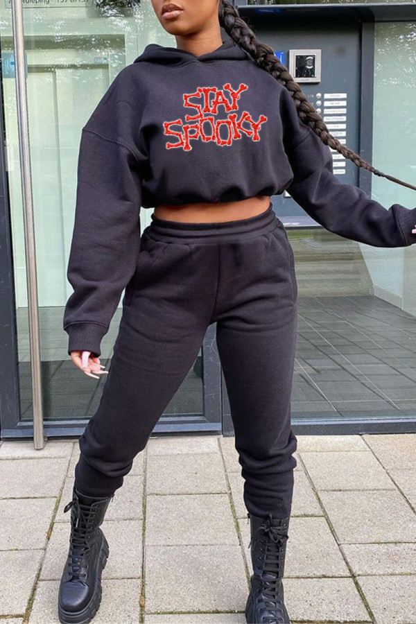 Black Fashion Casual Print Patchwork Hooded Collar Long Sleeve Two Pieces