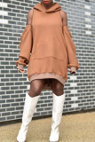 Red Fashion Casual Solid Zipper Hooded Collar Long Sleeve Dresses