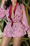 Red Sexy Striped Patchwork V Neck Long Sleeve Two Pieces