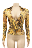 Brownness Sexy Print Split Joint Turndown Collar Long Sleeve Two Pieces