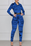 Blue Fashion Street Print Patchwork Turndown Collar Jumpsuits