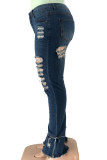 The cowboy blue Sexy Street Solid Ripped Split Joint High Waist Boot Cut Denim Jeans