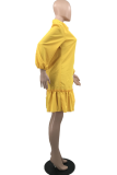 Yellow Casual Solid Flounce Turndown Collar Cake Skirt Dresses