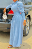 Light Blue Casual Solid Patchwork Half A Turtleneck Cake Skirt Dresses
