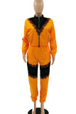 Tangerine Casual Solid Lace Patchwork Zipper Collar Long Sleeve Two Pieces
