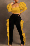 Yellow Sexy Solid Patchwork Flounce Fold Square Collar Long Sleeve Two Pieces