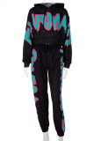 Black Street Print Patchwork Hooded Collar Long Sleeve Two Pieces