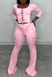 Pink Sexy Solid Hollowed Out Square Collar Long Sleeve Two Pieces