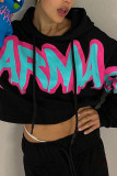 Black Street Print Patchwork Hooded Collar Long Sleeve Two Pieces