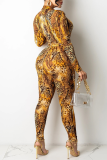 Apricot Sexy Print Split Joint Turndown Collar Long Sleeve Two Pieces