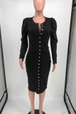 Black Sexy Solid Buckle O Neck Waist Skirt Dresses