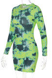 Green Yellow Street Tie Dye O Neck One Step Skirt Dresses