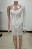 White Sexy Patchwork Hot Drilling See-through Backless Long Sleeve Dresses