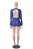 Blue Sexy Solid Mesh V Neck Long Sleeve Two Pieces