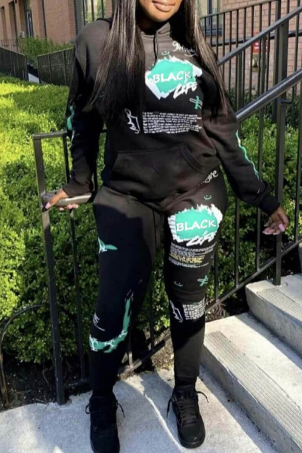 Black Fashion Casual Print Basic Hooded Collar Long Sleeve Two Pieces