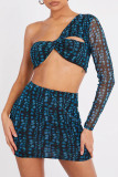 Blue Fashion Sexy Print Patchwork One Shoulder Long Sleeve Two Pieces