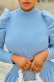 Light Blue Casual Solid Patchwork Half A Turtleneck Cake Skirt Dresses