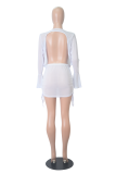 Blue Sexy Solid Mesh V Neck Long Sleeve Two Pieces