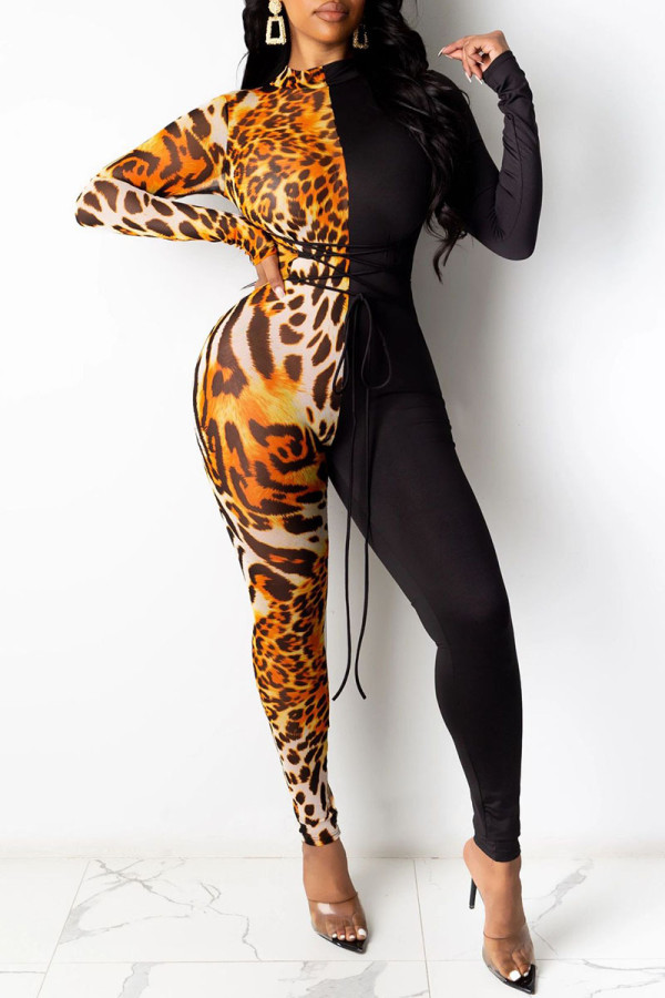 Black Yellow Fashion Sexy Print Patchwork O Neck Jumpsuits