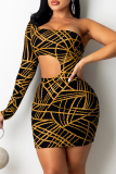 Pink Sexy Print Patchwork One Shoulder Pencil Skirt Dresses