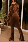 Coffee Casual Solid Split Joint One Shoulder Long Sleeve Two Pieces