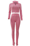 Pink Casual Solid Patchwork Fold Zipper Zipper Collar Long Sleeve Two Pieces