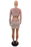 Pink Sexy Casual Solid Hollowed Out O Neck Long Sleeve Two Pieces