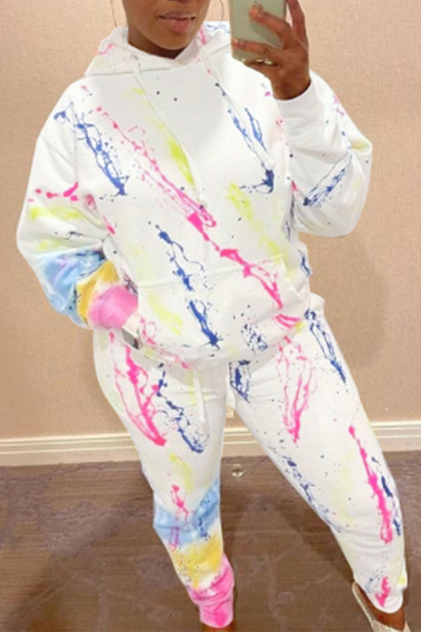 White Casual Print Patchwork Hooded Collar Long Sleeve Two Pieces