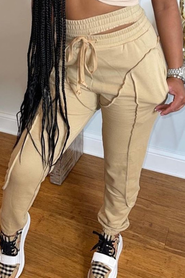 Light Brown Fashion Casual Solid Patchwork Regular High Waist Trousers
