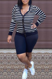 Deep Blue Fashion Casual Striped Patchwork V Neck Long Sleeve Two Pieces